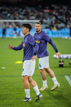 MELBOURNE, AUSTRALIA - MAY 22: Heung Min Son of Tottenham Hotspur warming up before playing Newcastle United during the Global Football Week at The Melbourne Cricket Ground on May 22, 2024 in Melbourne, Australia