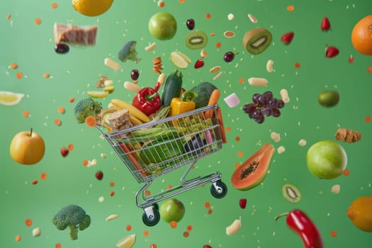 A shopping cart filled with fruits and vegetables is flying through the air.