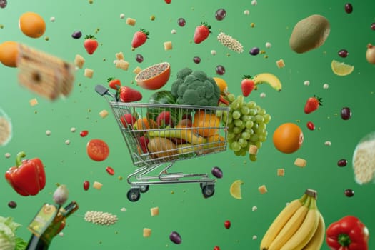 A shopping cart filled with fruits and vegetables is flying through the air.