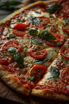 A Californiastyle pizza topped with fresh tomatoes and basil on a wooden cutting board. This dish is a delicious combination of ingredients in the fast food cuisine