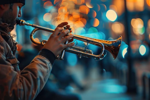 A man playing a trumpet in the night city.