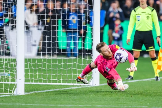 MELBOURNE, AUSTRALIA - MAY 22: Mark Gillespie Newcastle United saves a penalty against Tottenham Hotspur during the Global Football Week at The Melbourne Cricket Ground on May 22, 2024 in Melbourne, Australia