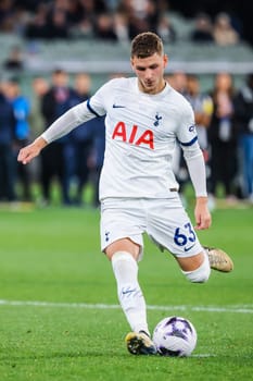 MELBOURNE, AUSTRALIA - MAY 22: Ben Parkinson of Tottenham Hotspur taking a penalty whilst playing Newcastle United during the Global Football Week at The Melbourne Cricket Ground on May 22, 2024 in Melbourne, Australia