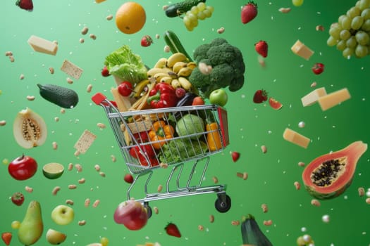 A shopping cart filled with fruits and vegetables is flying through the air.