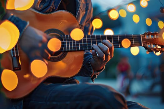 A man is playing a guitar in a city street.