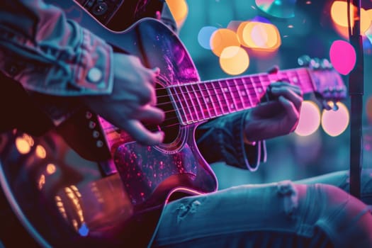 A man is playing a guitar in a city street.