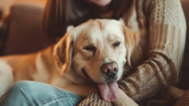 A person sitting on a couch lovingly hugging their dog, Happy dog and owner, Capturing the essence of companionship.