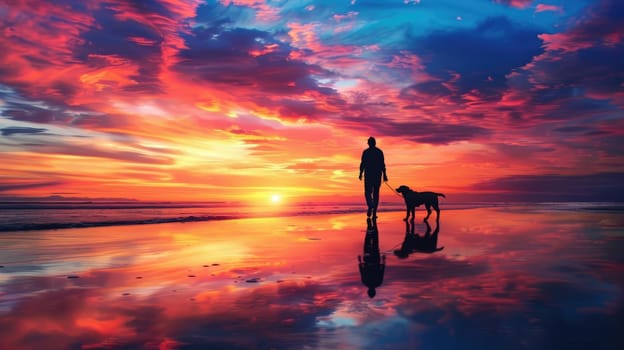 A person walking their dog along a beach at sunset, both silhouetted against the colorful sky.