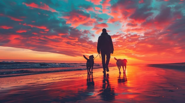 A person walking their dog along a beach at sunset, both silhouetted against the colorful sky.