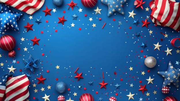 The 4th of July Independence Day is celebrated with a banner of stars and flags.