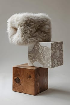 A fur hat is displayed on top of two wooden blocks on a hardwood shelf, showcasing the natural material and artistry of the wood stain