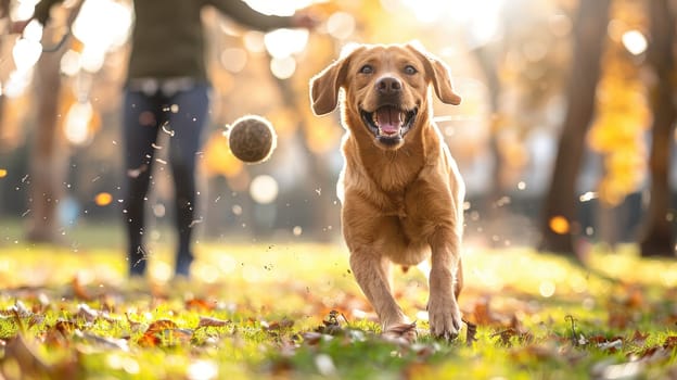 A person playing fetch with their happy dog in a park, both radiating joy, highlighting the bond and friendship between owner and pet.