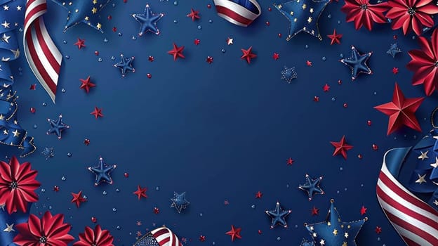 The 4th of July Independence Day is celebrated with a banner of stars and flags.