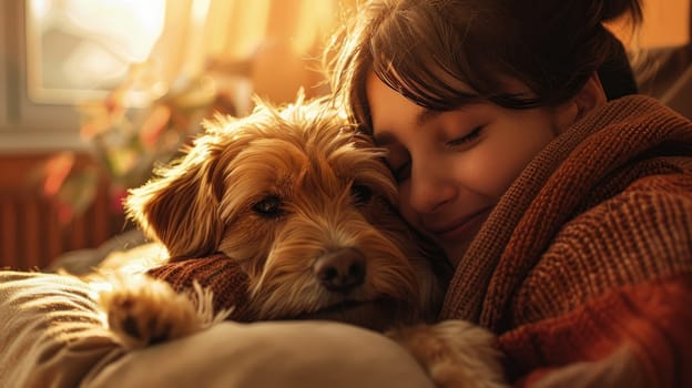 A person sitting on a couch lovingly hugging their dog, Both smiling and enjoying a peaceful moment together, Capturing the essence of companionship.