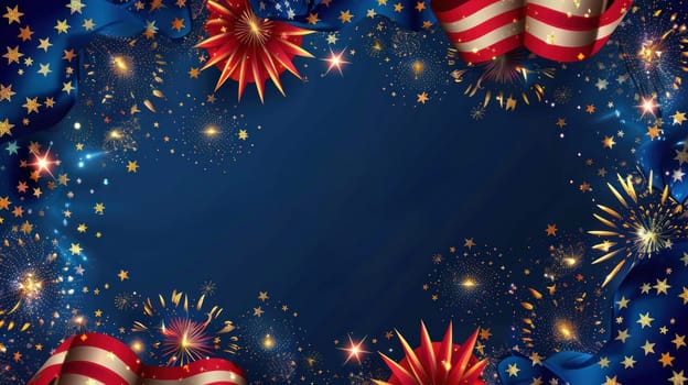 The 4th of July Independence Day is celebrated with a banner of stars and flags.