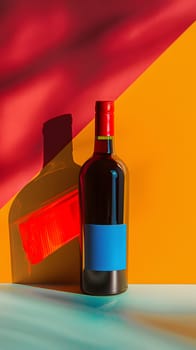 A glass bottle of red wine with a blue label is displayed on a table, sealed with a cork bottle stopper saver. The liquid inside is a rich, flavorful wine waiting to be poured into drinkware