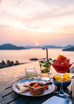 View of rooftop bar in Panwa beach at sunset, in Phuket, Thailand, south east Asia