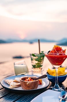 View of rooftop bar in Panwa beach at sunset, in Phuket, Thailand, south east Asia