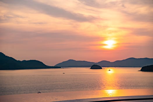 View of Cape Panwa beach at sunset, in Phuket, Thailand, south east Asia