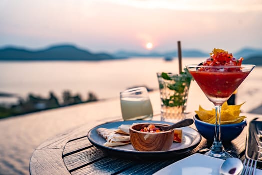 View of rooftop bar in Panwa beach at sunset, in Phuket, Thailand, south east Asia