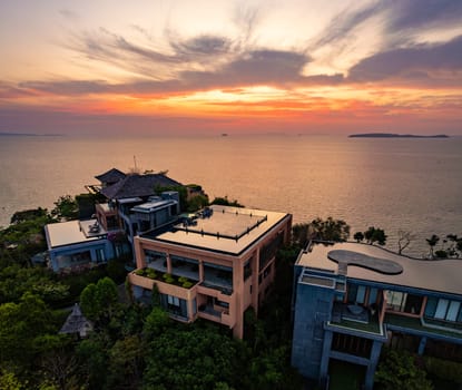 View of resort in Panwa beach at sunset, in Phuket, Thailand, south east Asia