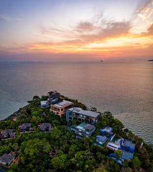 View of resort in Panwa beach at sunset, in Phuket, Thailand, south east Asia