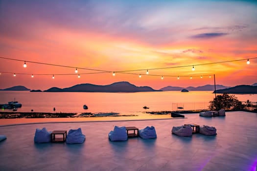 View of rooftop bar in Panwa beach at sunset, in Phuket, Thailand, south east Asia