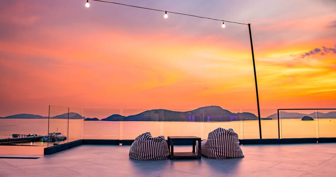 View of rooftop bar in Panwa beach at sunset, in Phuket, Thailand, south east Asia