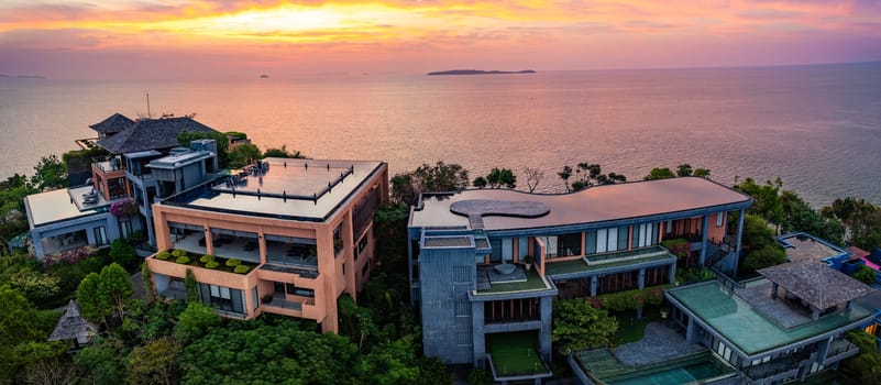 View of resort in Panwa beach at sunset, in Phuket, Thailand, south east Asia