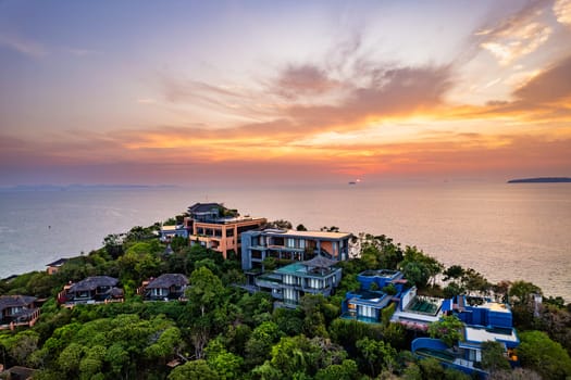 View of resort in Panwa beach at sunset, in Phuket, Thailand, south east Asia