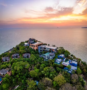 View of resort in Panwa beach at sunset, in Phuket, Thailand, south east Asia