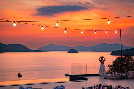 View of rooftop bar in Panwa beach at sunset, in Phuket, Thailand, south east Asia