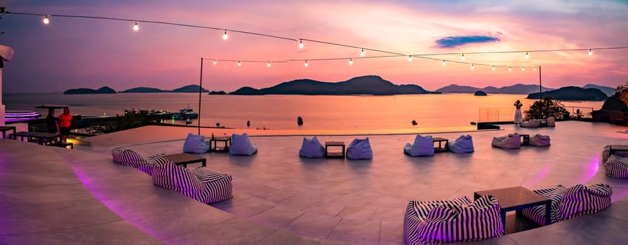 View of rooftop bar in Panwa beach at sunset, in Phuket, Thailand, south east Asia