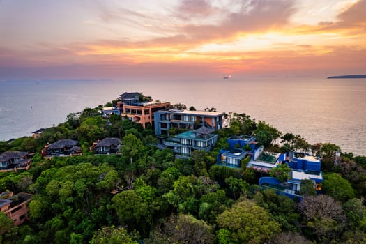 View of resort in Panwa beach at sunset, in Phuket, Thailand, south east Asia