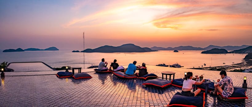 View of rooftop bar in Panwa beach at sunset, in Phuket, Thailand, south east Asia