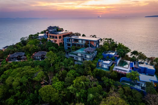 View of resort in Panwa beach at sunset, in Phuket, Thailand, south east Asia