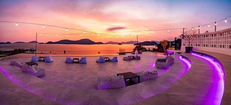 View of rooftop bar in Panwa beach at sunset, in Phuket, Thailand, south east Asia