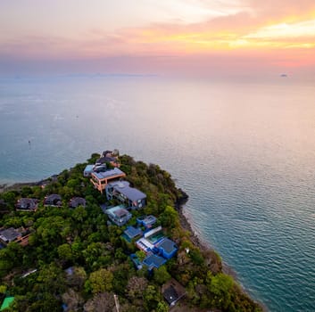 View of resort in Panwa beach at sunset, in Phuket, Thailand, south east Asia