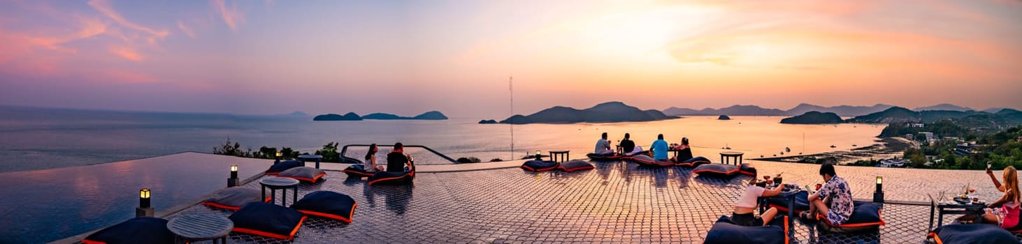 View of rooftop bar in Panwa beach at sunset, in Phuket, Thailand, south east Asia