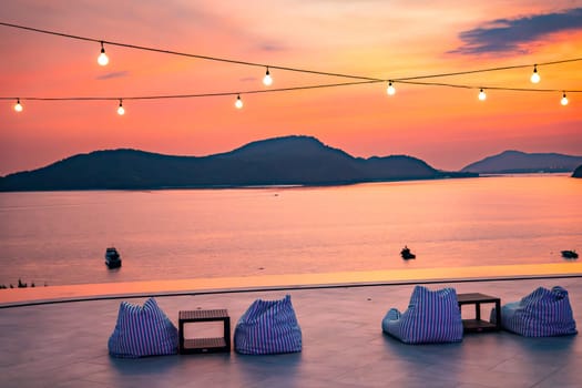 View of rooftop bar in Panwa beach at sunset, in Phuket, Thailand, south east Asia