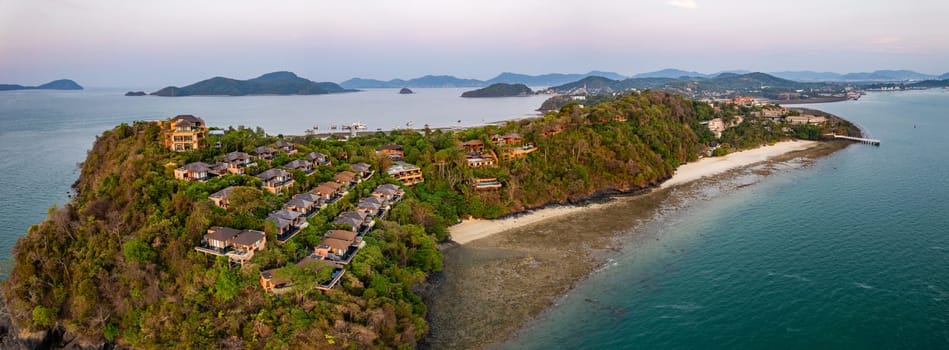 View of resort in Panwa beach at sunset, in Phuket, Thailand, south east Asia