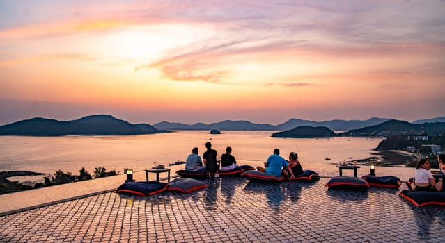 View of rooftop bar in Panwa beach at sunset, in Phuket, Thailand, south east Asia