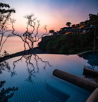 View of resort in Panwa beach at sunset, in Phuket, Thailand, south east Asia