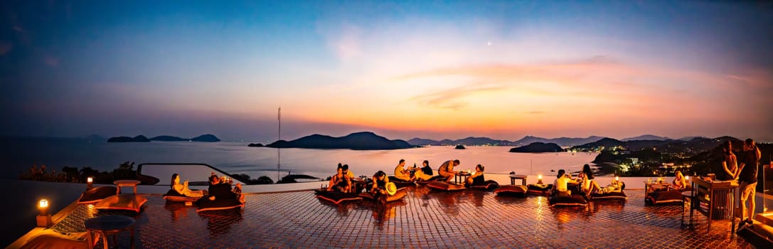 View of rooftop bar in Panwa beach at sunset, in Phuket, Thailand, south east Asia