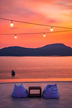 View of rooftop bar in Panwa beach at sunset, in Phuket, Thailand, south east Asia