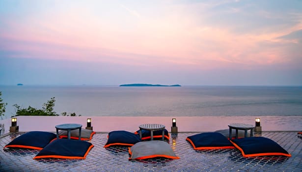 View of rooftop bar in Panwa beach at sunset, in Phuket, Thailand, south east Asia