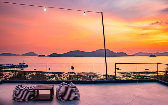 View of rooftop bar in Panwa beach at sunset, in Phuket, Thailand, south east Asia