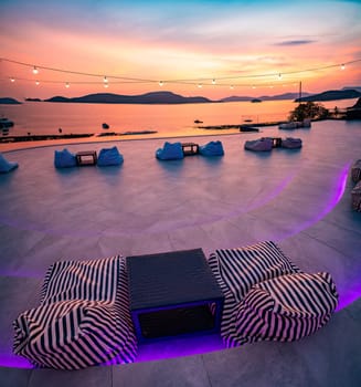 View of rooftop bar in Panwa beach at sunset, in Phuket, Thailand, south east Asia