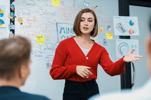 Professional attractive female leader presents creative marketing plan by using brainstorming mind mapping statistic graph and colorful sticky note at modern business meeting room. Immaculate.