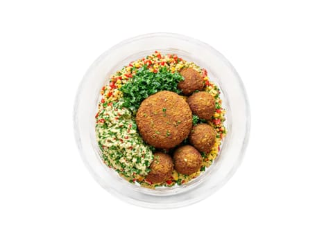 Vegetarian falafel bowl with hummus and tabbouleh served in a transparent glass bowl Middle Eastern. Food isolated on transparent background.